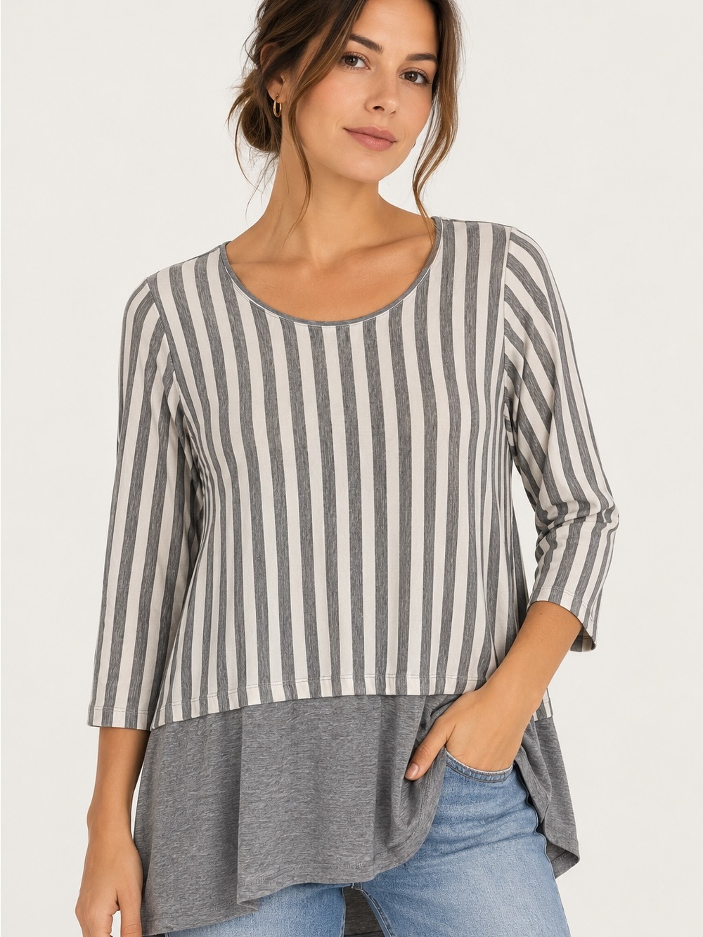 Comfy USA Striped Colorblock Tunic Top Small Gray White Modal Rayon Made in USA